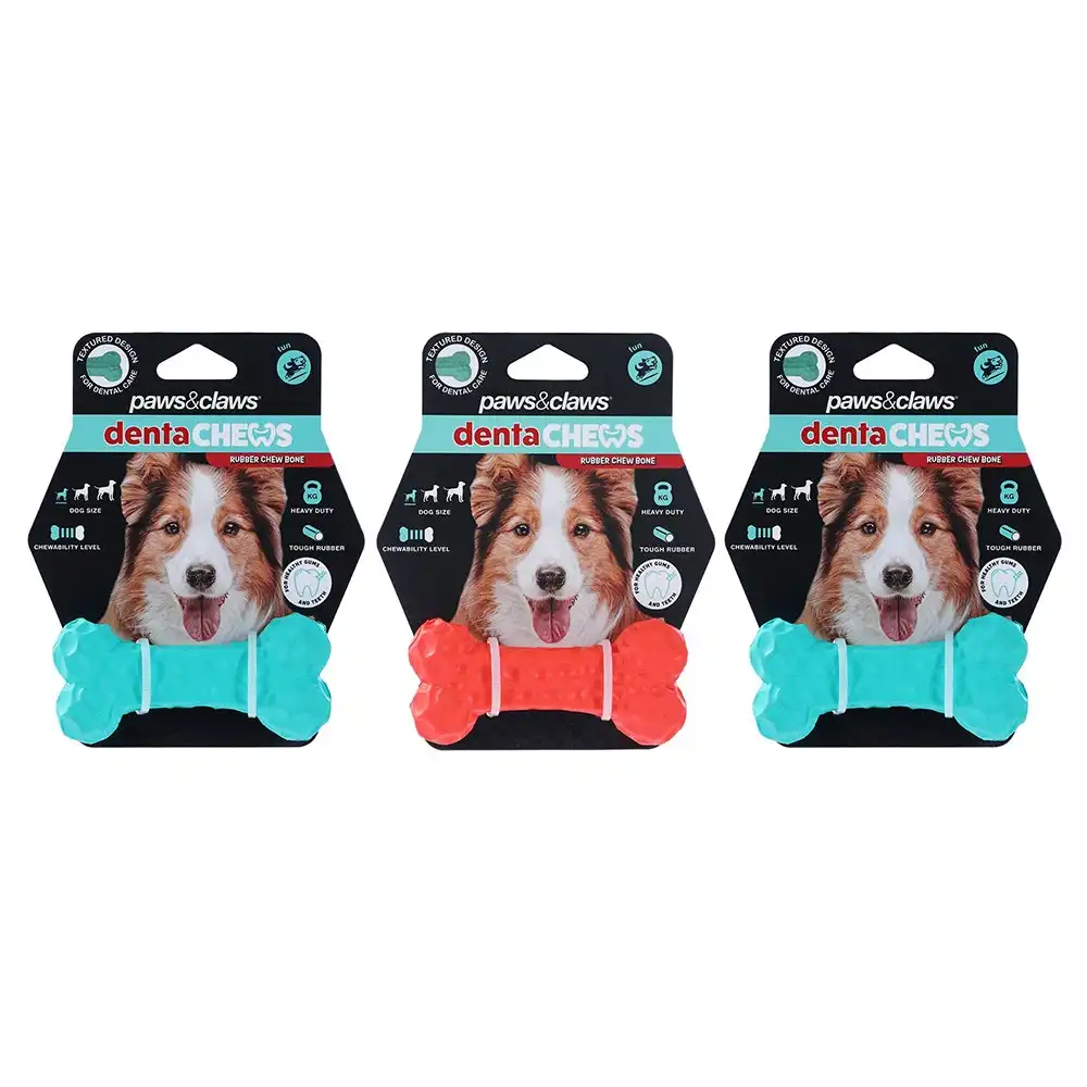 3x Paws And Claws 9.6x4.5x2.5cm Denta Chew Rubber Bone Dog/Pet Play Toy Assorted