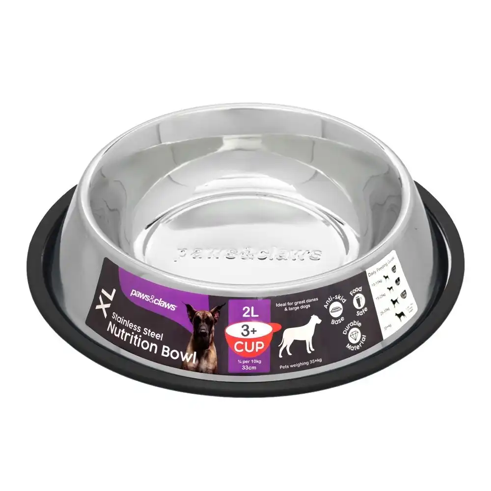 Paws & Claws 2L Stainless Steel Pet Dog/Cat Water/Meal Anti-Skid Food Bowl BLK
