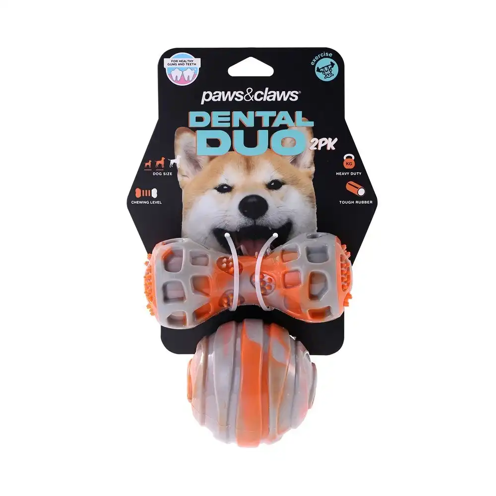 2pc Paws & Claws Dental Duo Pet Dog Teeth Clean Rubber Chew Ball/Baton Toy ORNGE