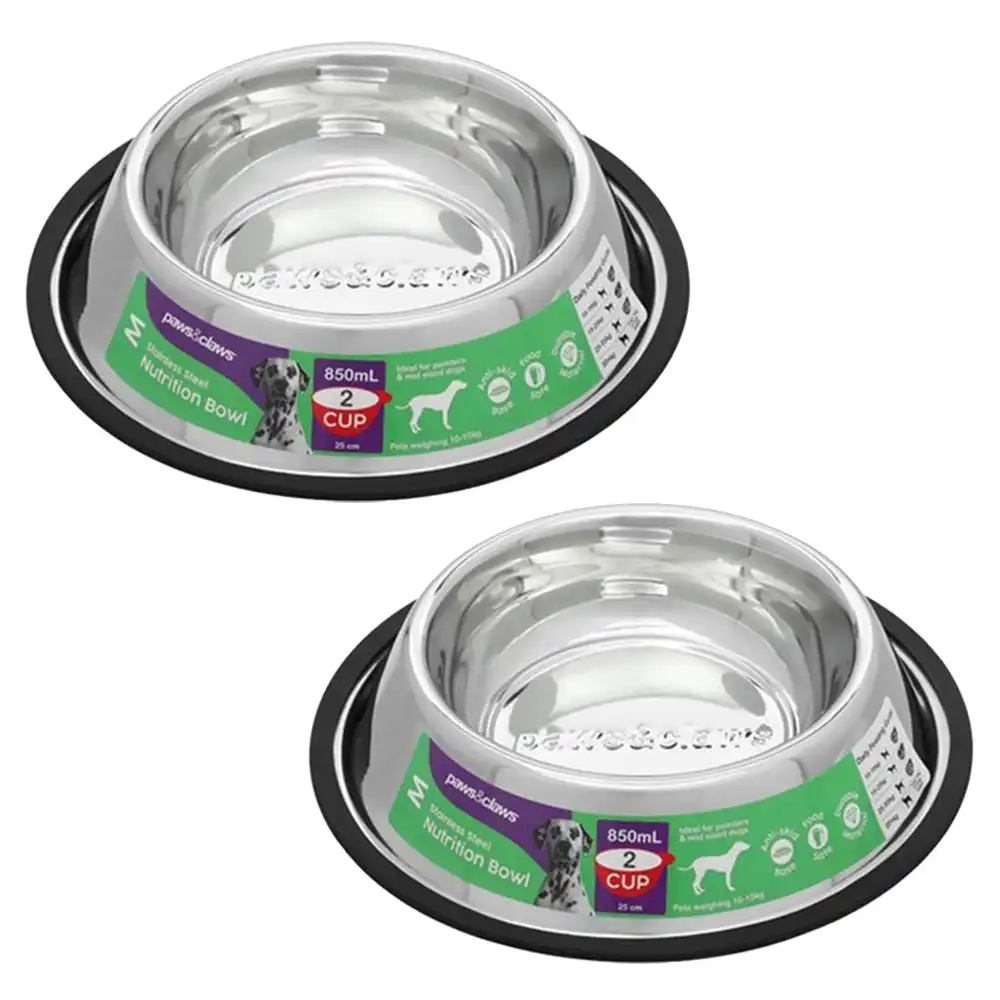 2x Paws & Claws 850ml Stainless Steel Dog/Cat Drinking/Meal Anti-Skid Bowl BLK