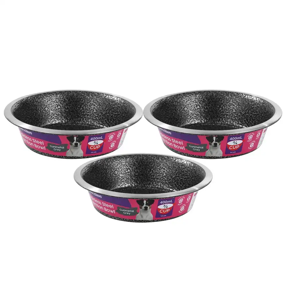 3x Paws & Claws Pet/Dog 14cm/400ml Stainless Steel Bowl/Feeder Speckled Gunmetal