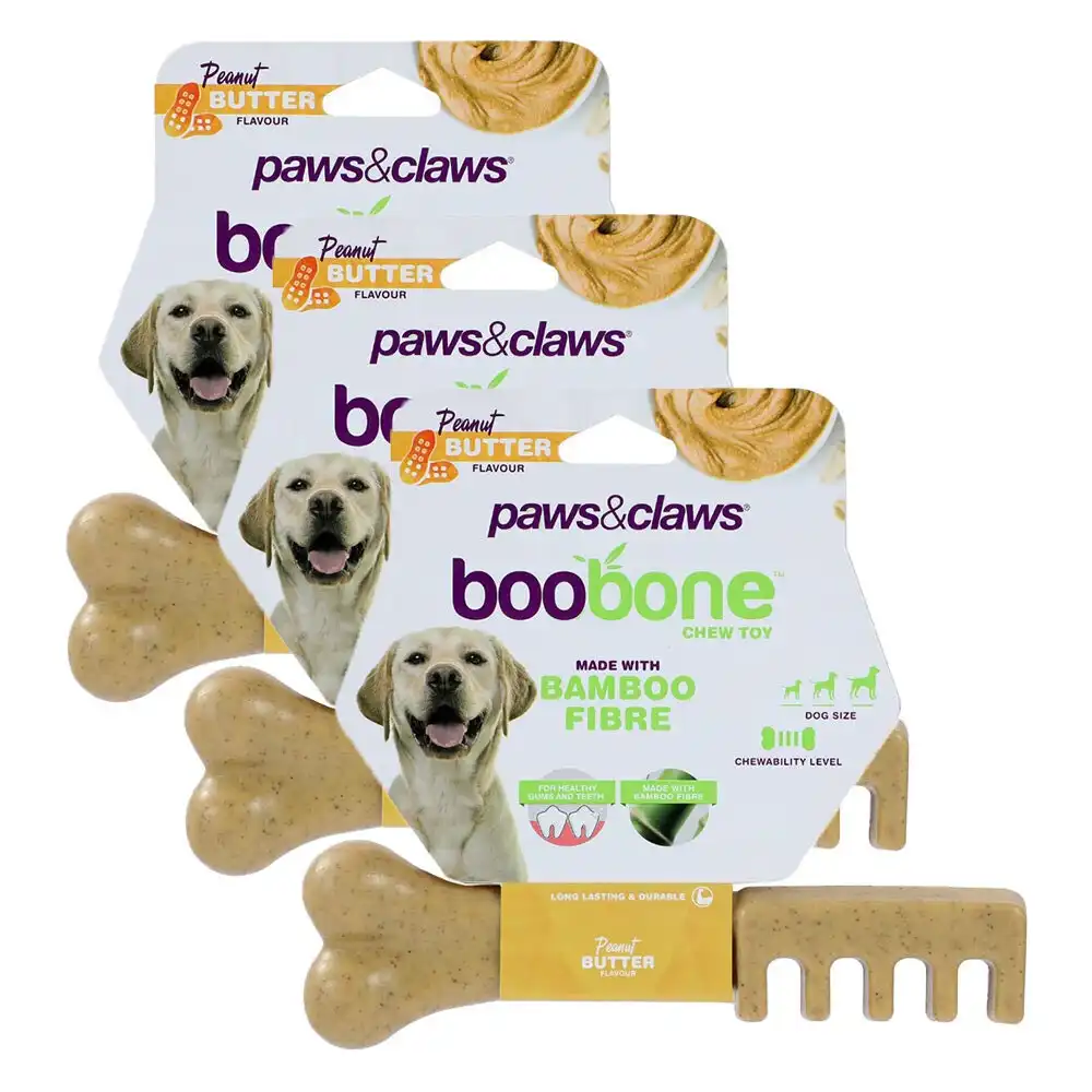 3x Paws & Claws 18.5cm Boobone Bamboo Toothbrush/Chew Toy Peanut Butter Pet/Dog