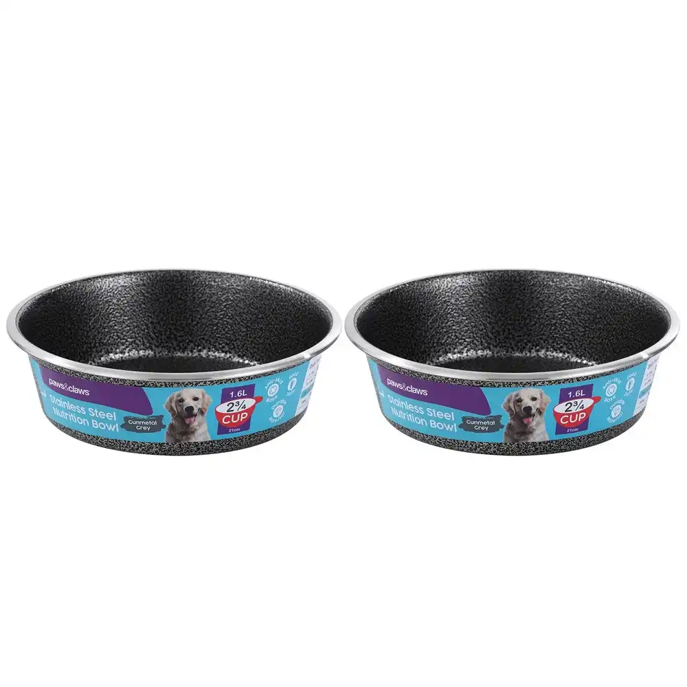 2x Paws & Claws Pet/Dog 21cm/1.5L Stainless Steel Bowl/Feeder Speckled Gunmetal