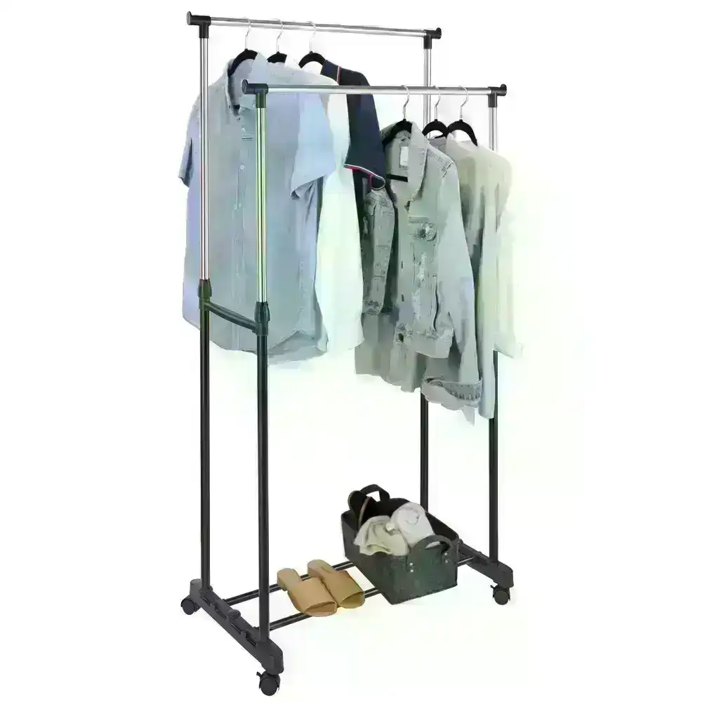 Box Sweden 160cm Double Garment/Clothes Height Adjustable Hanger Rack w/ Wheels