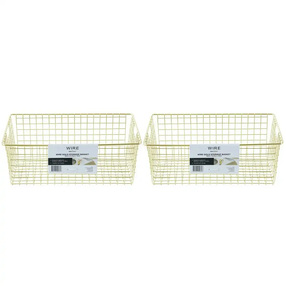 2x Boxsweden 40x15cm Wire Storage Basket Kitchen/Bath Organiser Container Gold