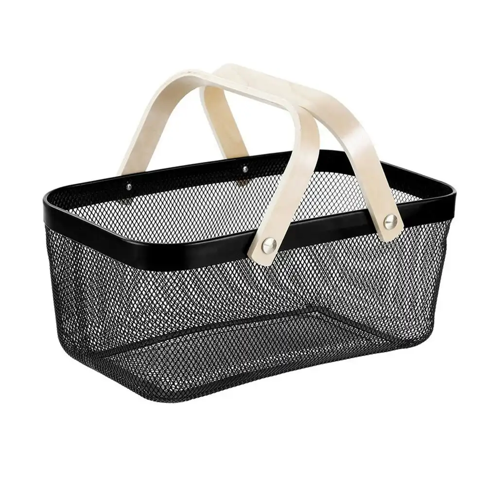 Boxsweden 40x25x17cm Mesh Home Storage Basket/Organiser w/Wooden Handle Black