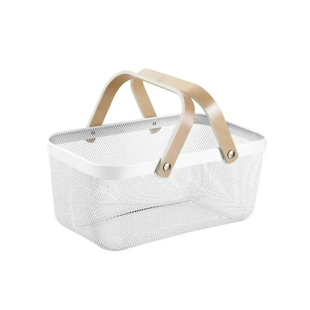 Boxsweden 40x25x17cm Mesh Home Storage Basket/Organiser w/Wooden Handle White