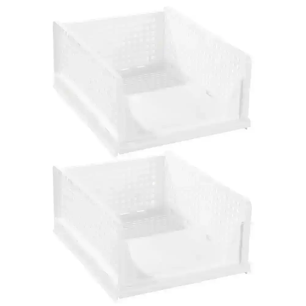 2x Boxsweden Foldaway 42.5x18.5cm Stackable Storage Basket/Organiser Large White