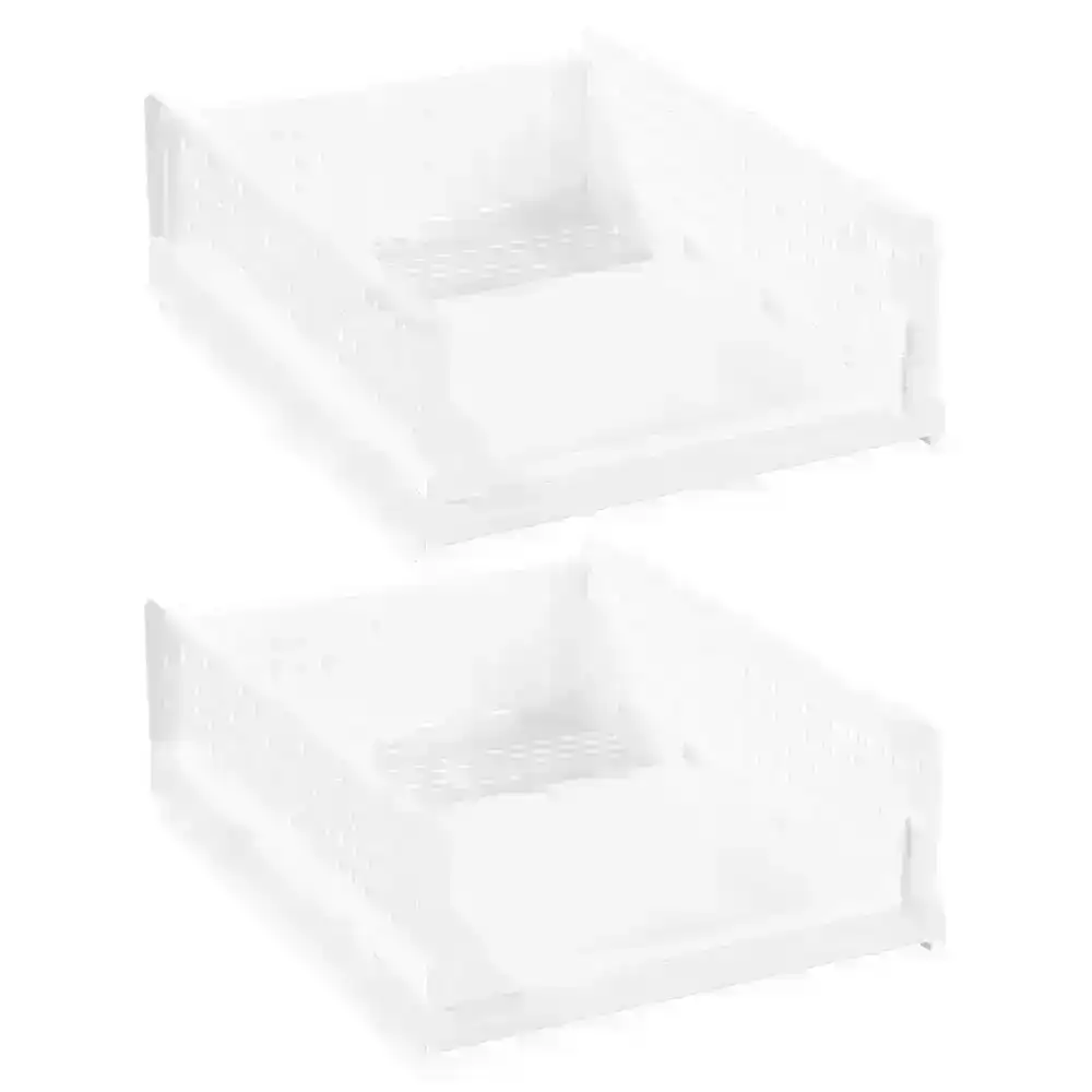 2x Boxsweden Foldaway 42.5x14cm Stackable Storage Basket/Organiser Medium White