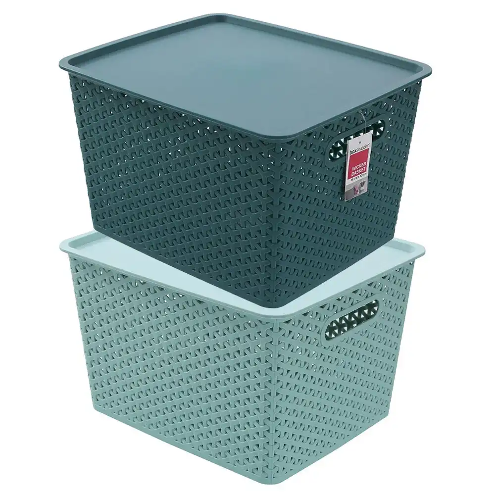 2x Box Sweden Wicker 36cmx22.5cm Woven Basket Organiser Storage w/ Lid L Assort