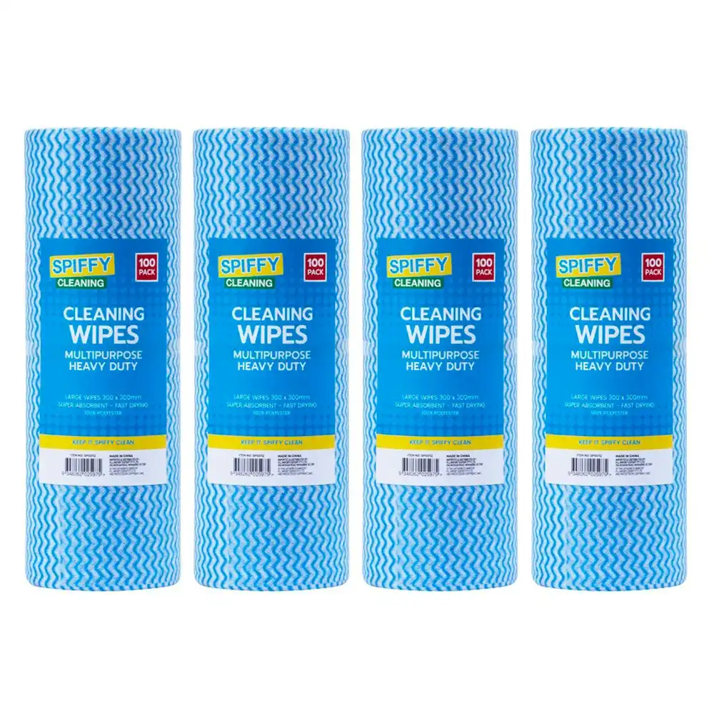 4x 100pc Spiffy 30x30cm Household Surface Multipurpose Dry Cloth Wipes Roll Blue
