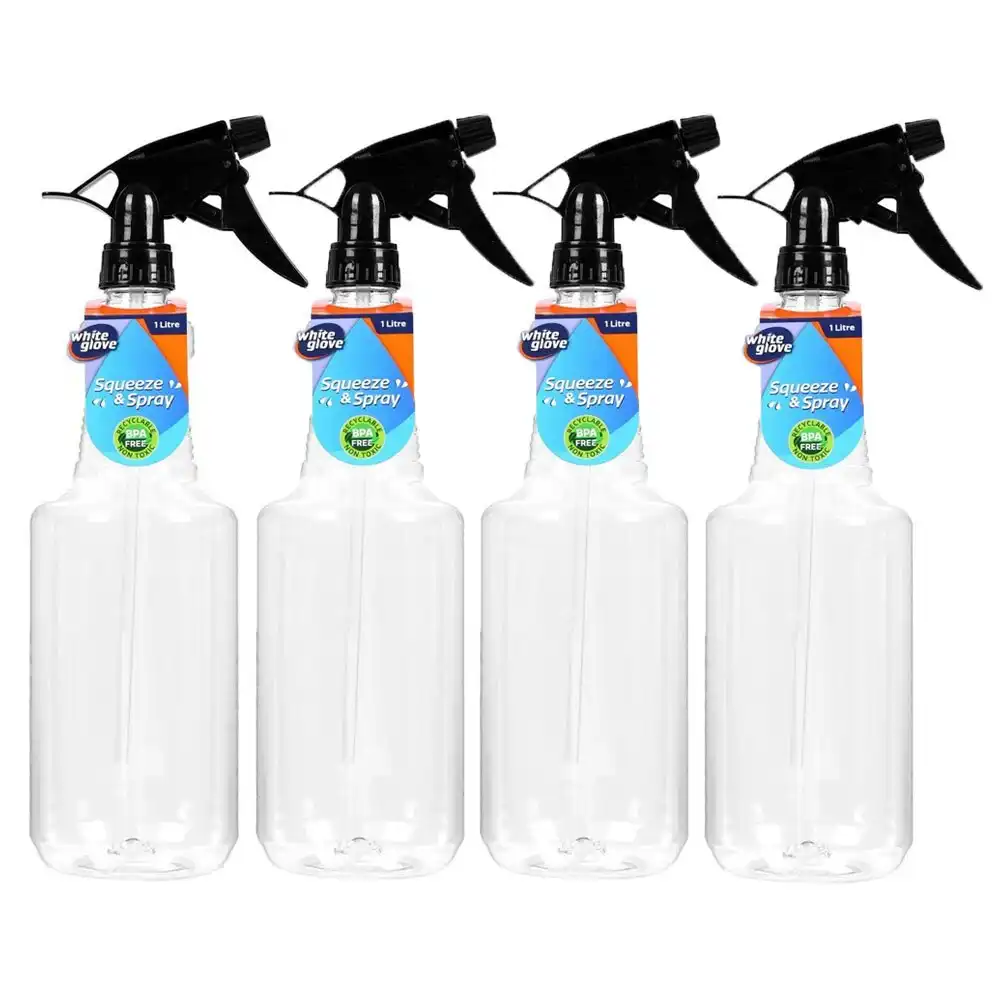 4PK White Glove Spray Bottle 1L Container Jar w/ Spray Nozzle Black