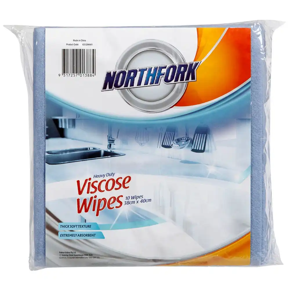 10PK Northfork Heavy Duty Absorbent Viscose Cleaning Wipes/Cloth 40x38cm - Blue