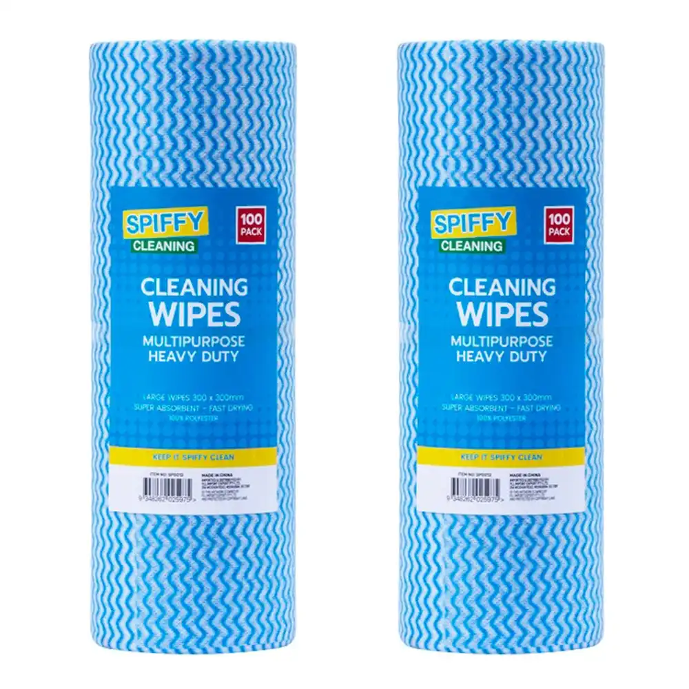 2x 100pc Spiffy 30x30cm Household Surface Multipurpose Dry Cloth Wipes Roll Blue