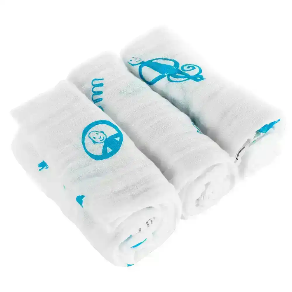 3PK Matchstick Monkey 70cm Organic Cotton Muslin Baby/Infant Child Blanket Blue