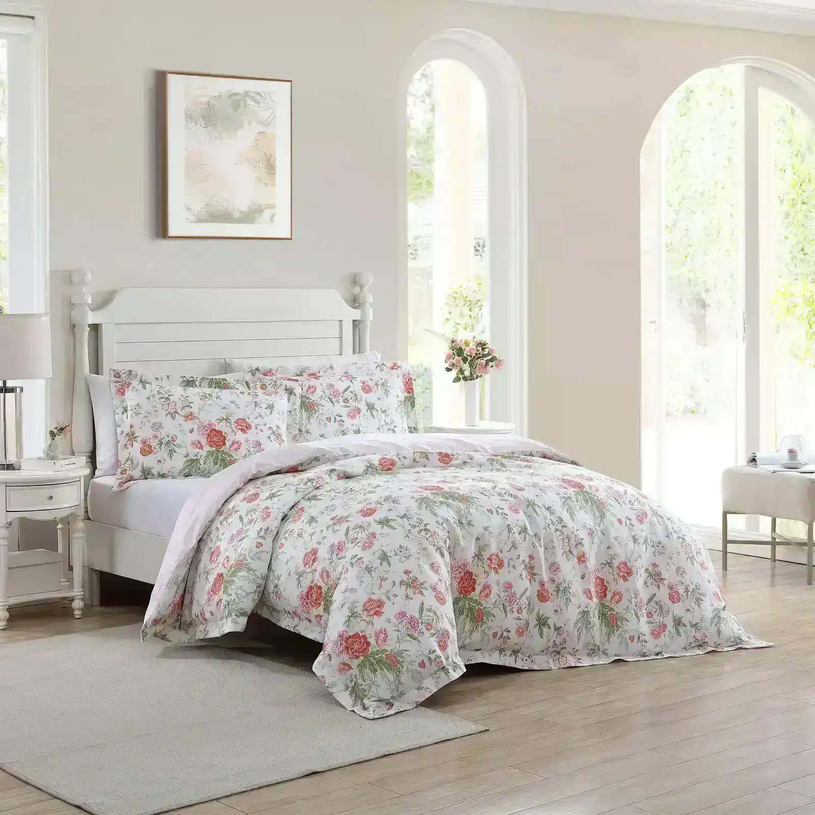 Laura Ashley Super King Bed Breezy Floral Quilt Cover w/2x Pillowcases Set Coral