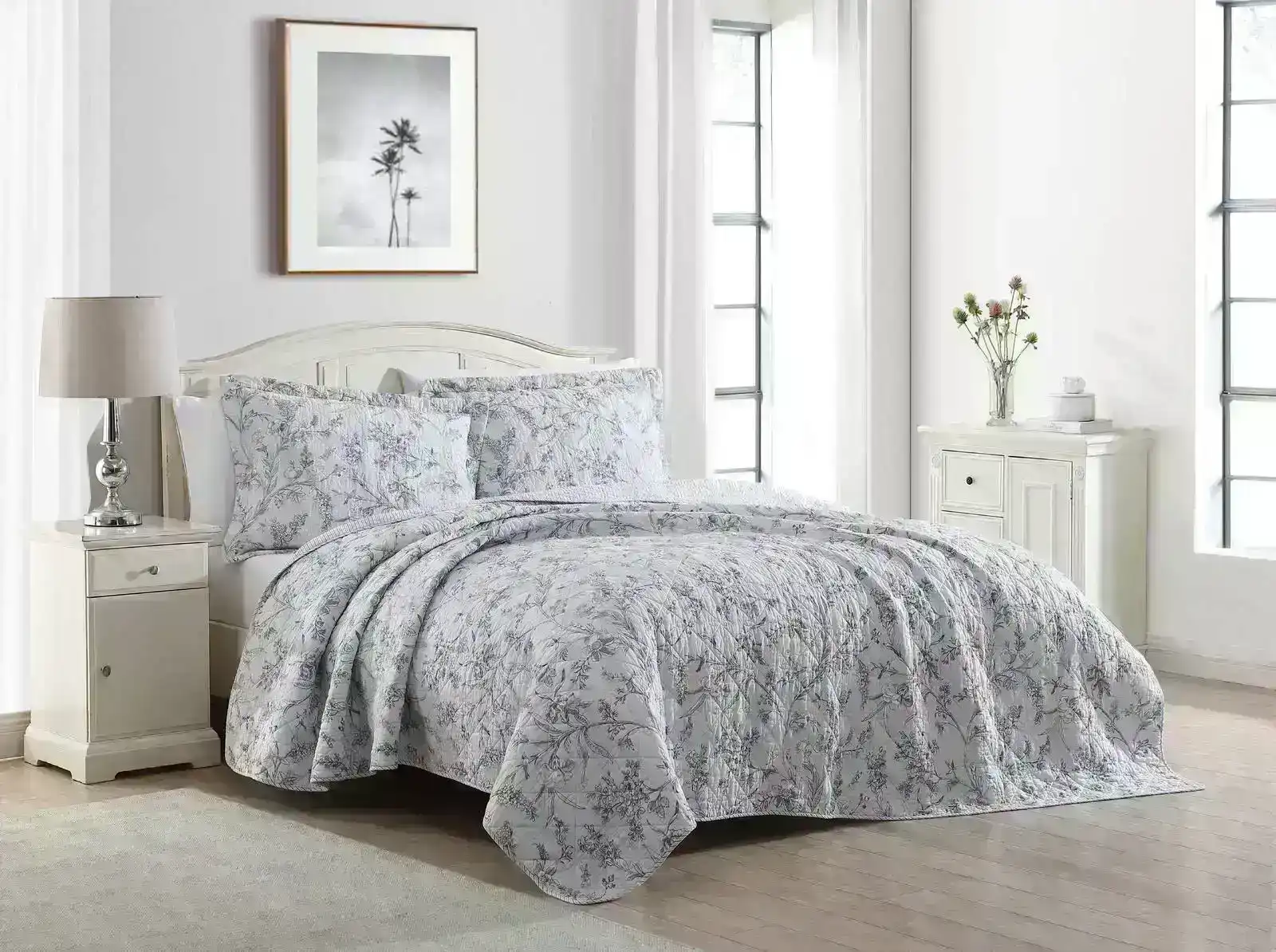 Laura Ashley Queen/King Bed Branch Toile Coverlet w/ 2x Pillowcases Set Grey