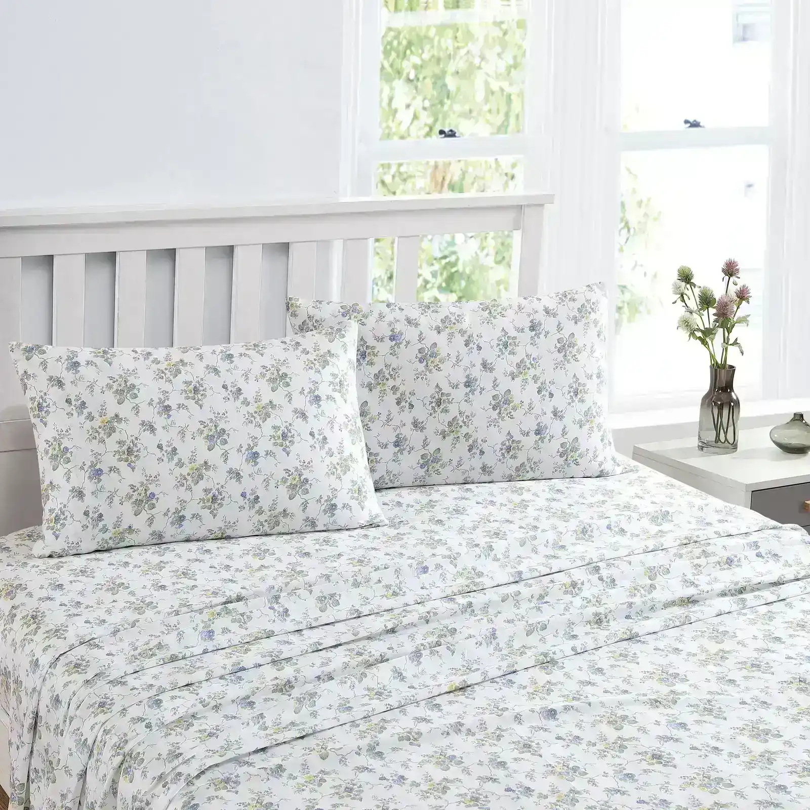 Laura Ashley Queen Bed Le Fleur Flat/Fitted Sheet w/ 2x Pillowcases Cottage Blue