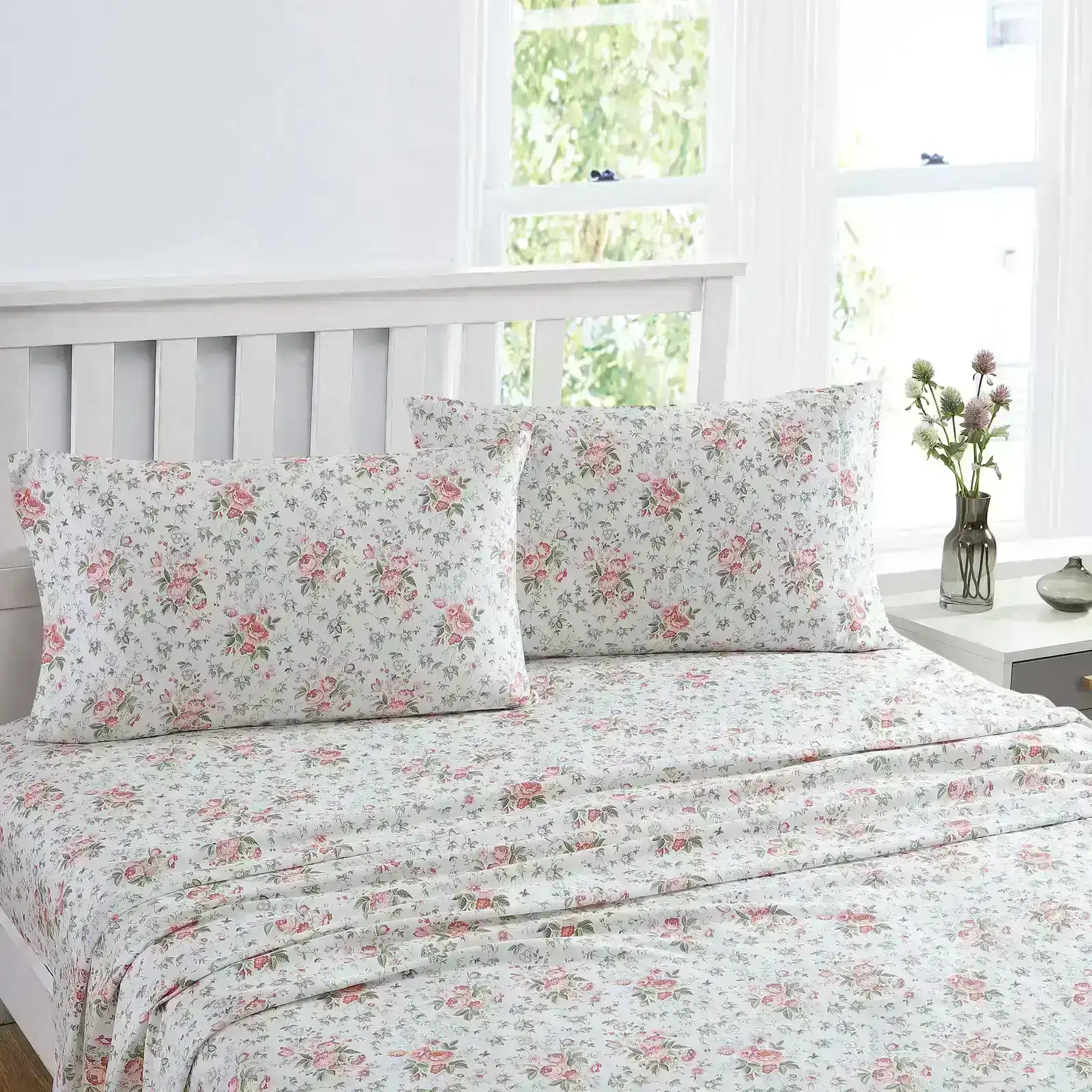 Laura Ashley King Bed Lillian Cotton Flat/Fitted Sheet Set/2x Pillowcases Coral