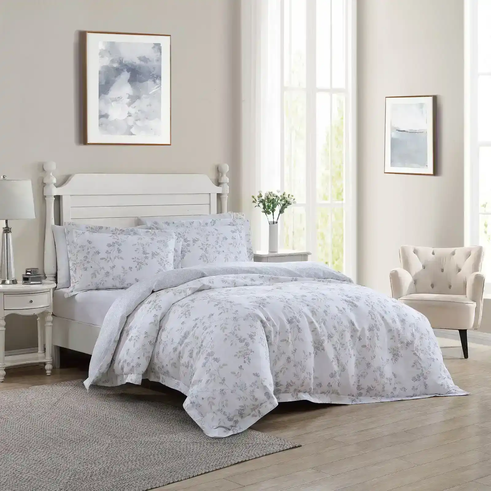 Laura Ashley Queen Bed Fawna Cotton Quilt Cover w/2x Pillowcases Set Light Grey