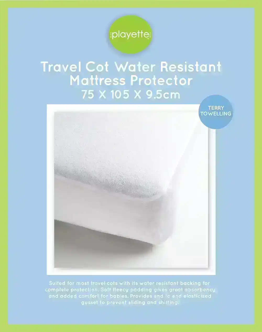 Playette Terry Towelling 105cm Soft Mattress Protector Water Resistant White
