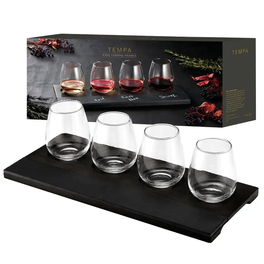 5pc Tempa Atticus Wooden Wine Tasting Paddle/Glass Set 375ml Black Home/Kitchen
