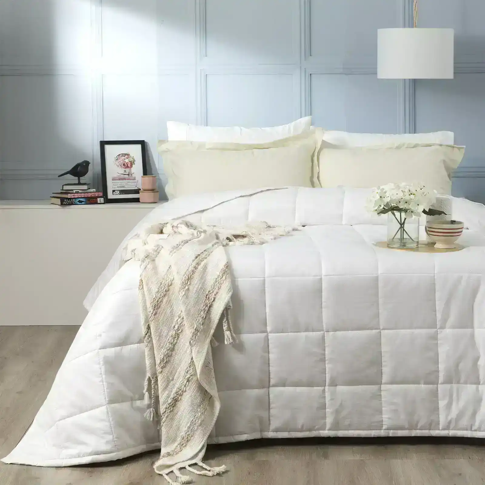 Ddecor Home Checks Queen Bed Comforter Set 500TC Cotton Jacquard Bedding White