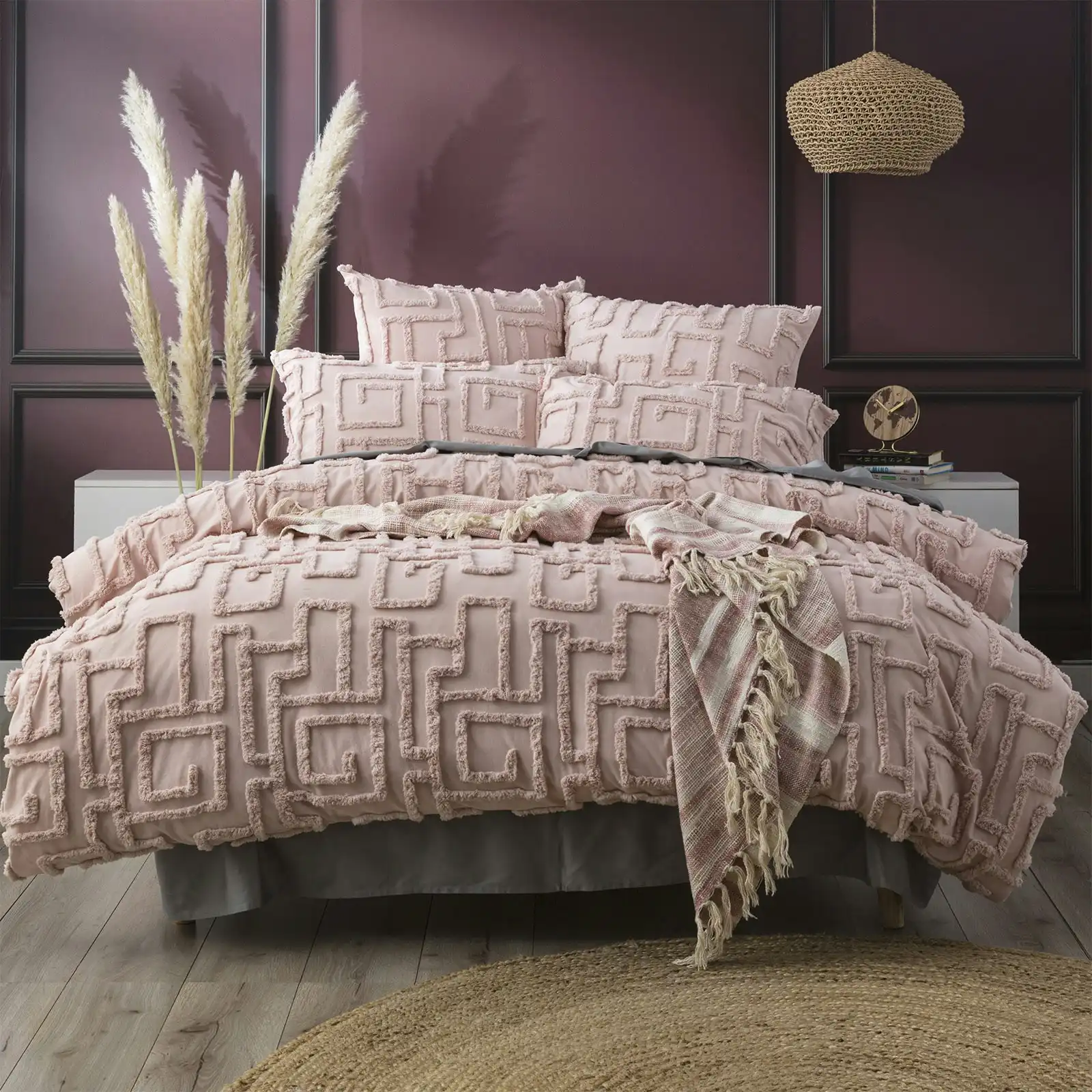 Renee Taylor Riley Queen Bed Quilt Cover VT Washed Cotton Chenille Tufted Blush