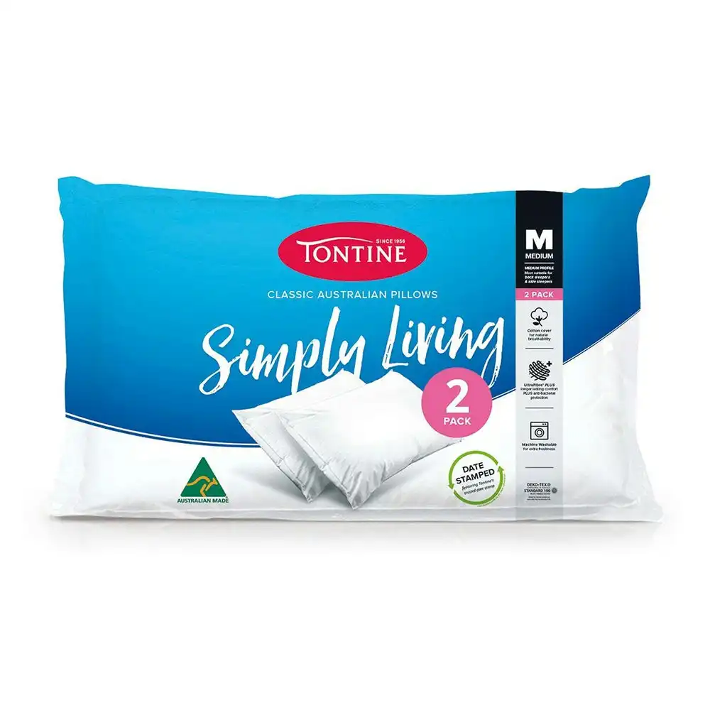 2pc Tontine 46x72cm Simply Living Cotton Pillow Medium Profile Home Bedding WHT