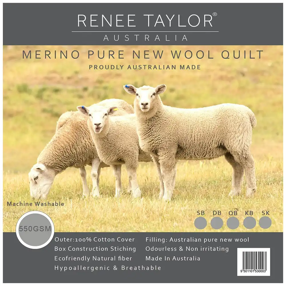 Renee Taylor Queen Bed Australian Pure Merino Wool Quilt 550GSM Home Bedding