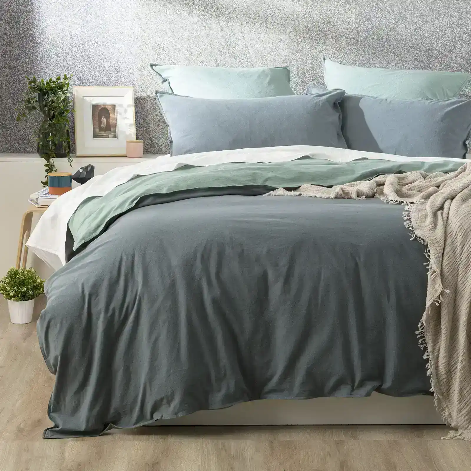 Renee Taylor Essentials Queen Bed Quilt Cover VT Stone Washed Reversible Mineral