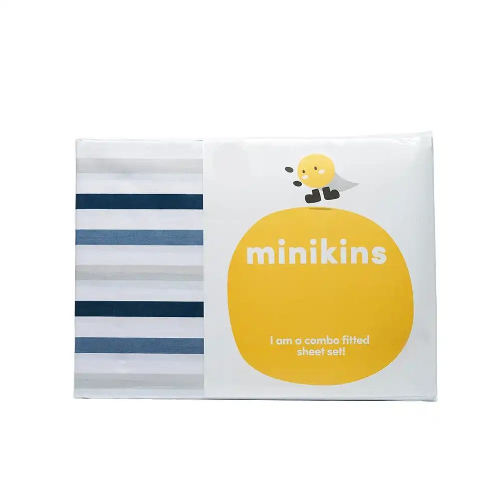 Minikins Junior King Single Bed Fitted Sheet Set 180TC Cotton Rich Blue Stripe