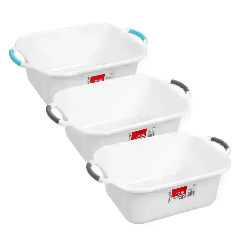 3x Box Sweden 12.5L Basin Rectangular w/ Handles Washing Bucket Storage Tub Asst