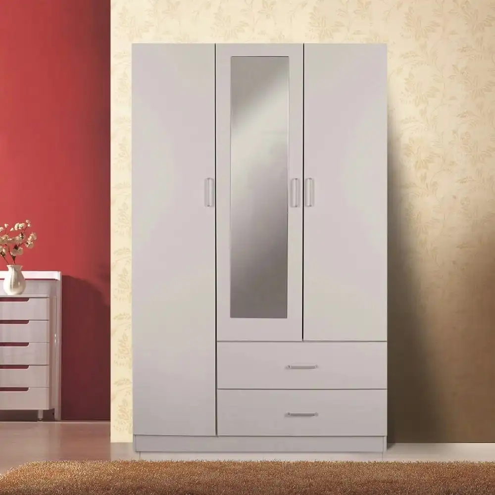 Modern 3-Door 2-Drawers Wardrobe Closet Clothes Storage Cabinet With Mirror - White