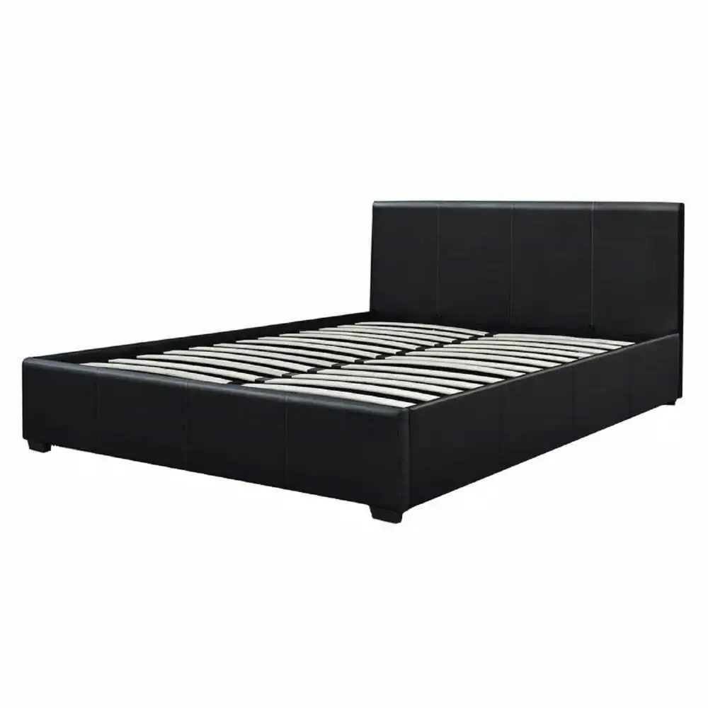 Modern Designer Gas Lift PU Leather Double Bed Frame With Headboard - Black