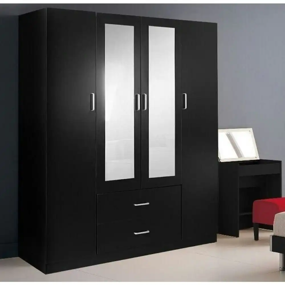 Modern 4-Door 2-Drawers Wardrobe Closet Clothes Storage Cabinet With Mirror - Black