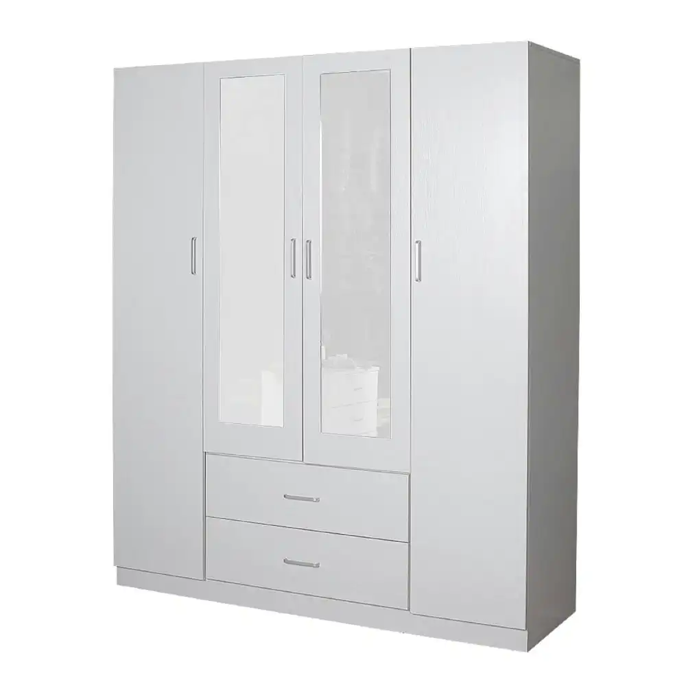 Modern 4-Door 2-Drawers Wardrobe Closet Clothes Storage Cabinet With Mirror - White