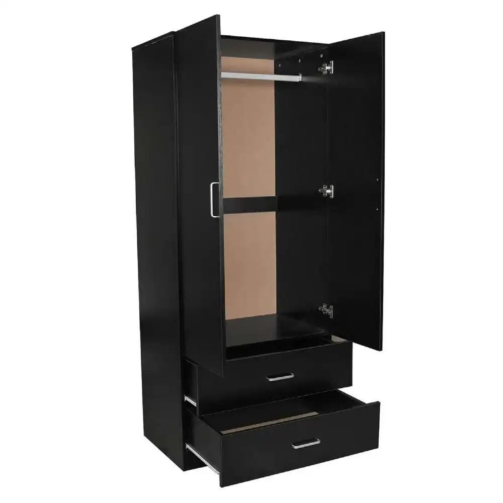 Modern 2-Door 2-Drawers Wardrobe Closet Clothes Storage Cabinet - Black