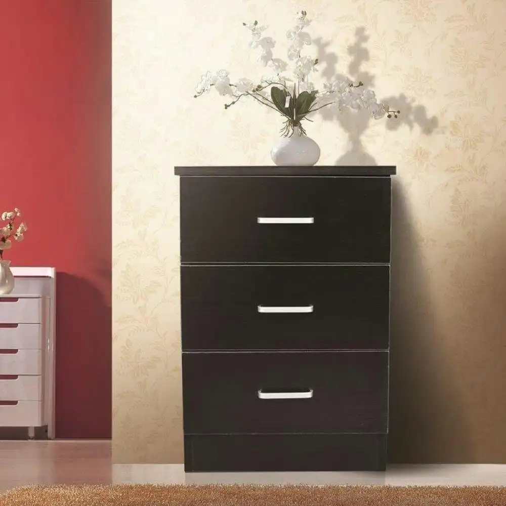 Modern 3-Drawer Chest Nightstand BedSide Table - Black