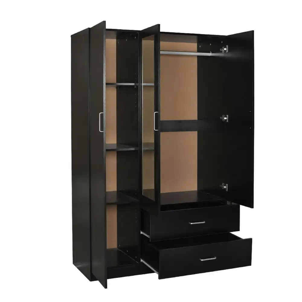 Modern 3-Door 2-Drawers Wardrobe Closet Clothes Storage Cabinet With Mirror - Black