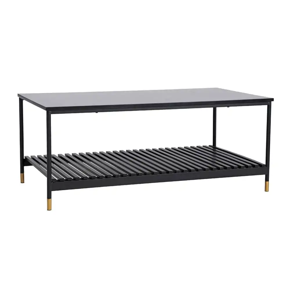 Alcone Wooden Rectangular Open Shelf Coffee Table W/ Gold Accents - Satin Black