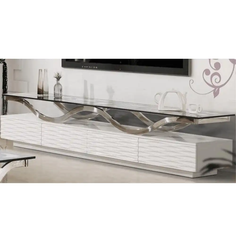Marie Luxury Lowline Tempered Glass Wooden TV Stand Entertainment Unit 200cm - White