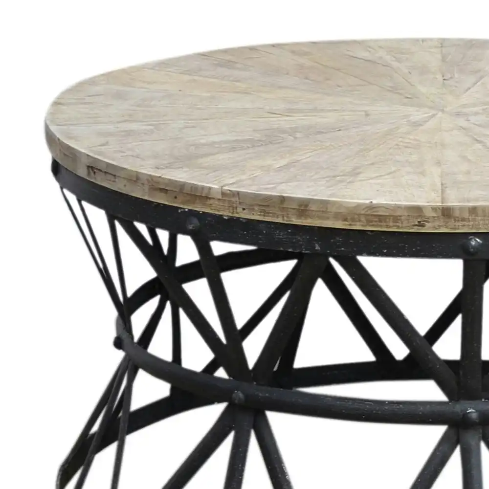 Roger Rustic Industrial Cast Iron Hardwood Top Round Coffee Table