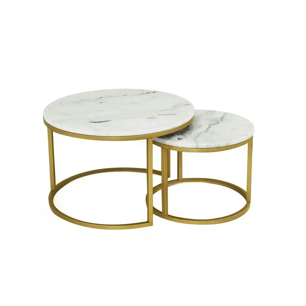 HomeStar Set of 2 Miller Nesting Round Marble Coffee Table Gold Frame - White