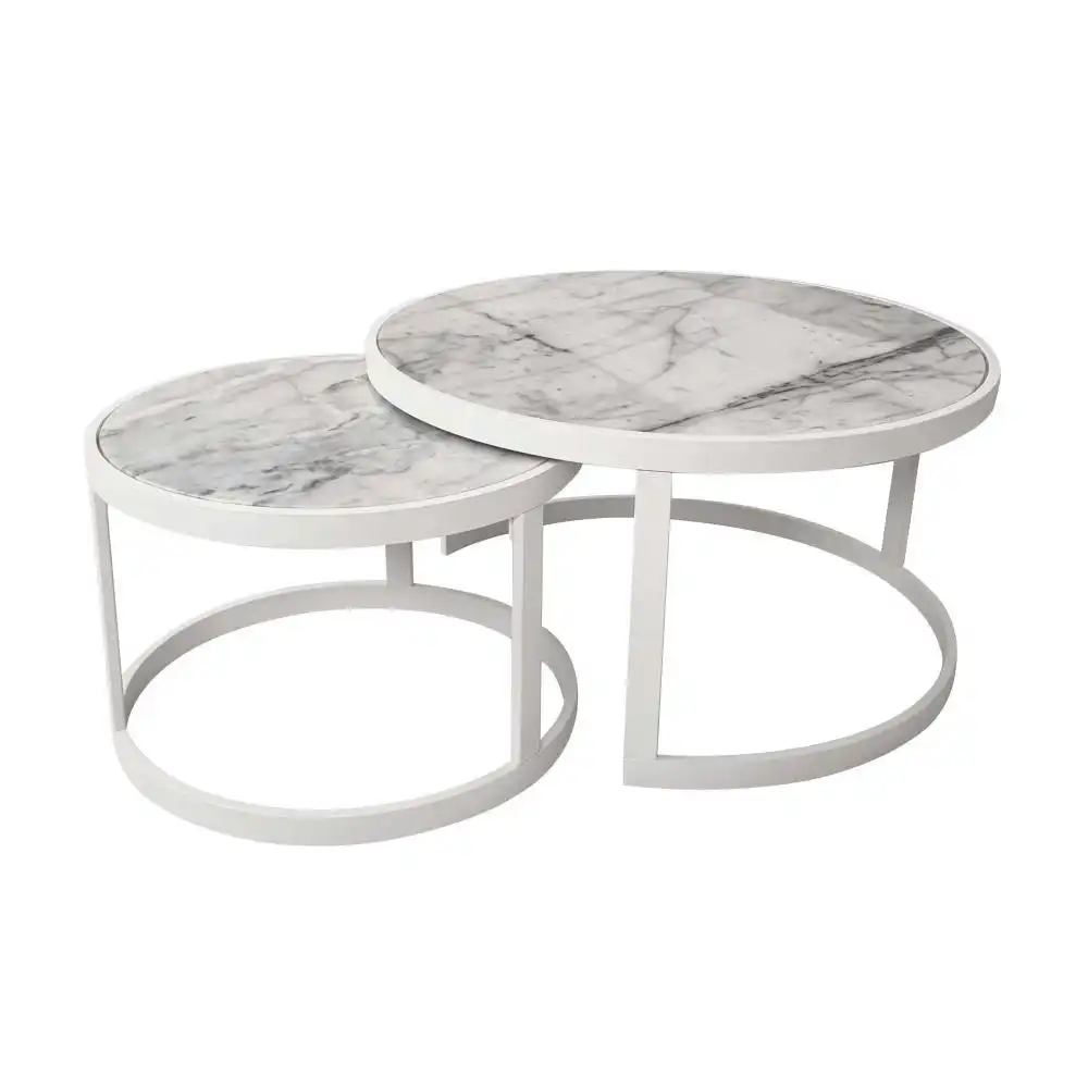 HomeStar Set of 2 Leonardo Nesting Marble Round Coffee Table Metal Frame - White