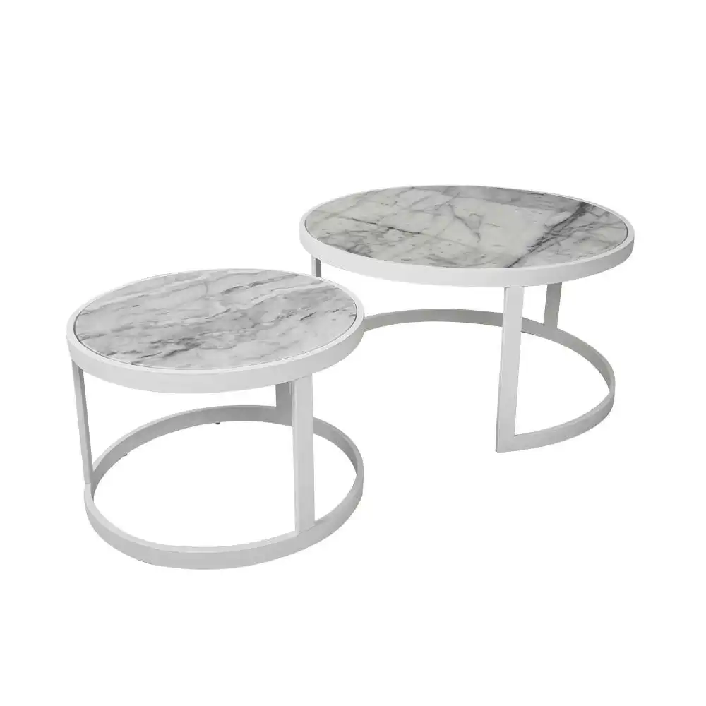 HomeStar Set of 2 Leonardo Nesting Marble Round Coffee Table Metal Frame - White