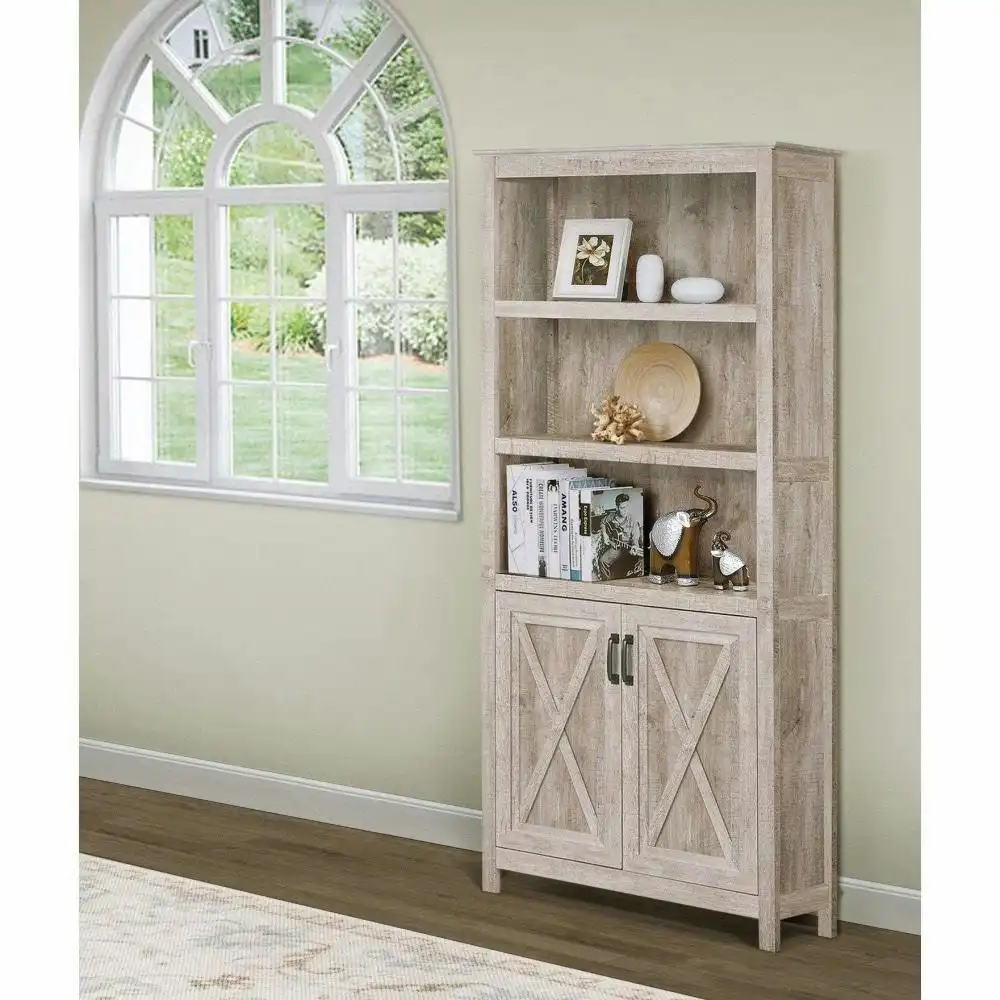 Rosen 5-Tier Bookcase Display Shelf Storage Cabinet W/ Doors - Washed Grey