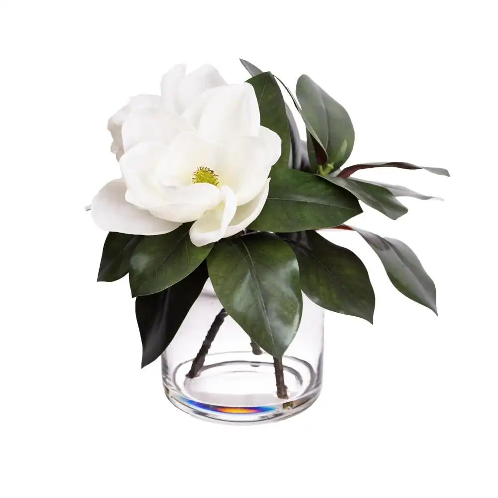 Glamorous Fusion Magnolia  Artificial Fake Plant Decorative Arrangement 40cm In Glass White