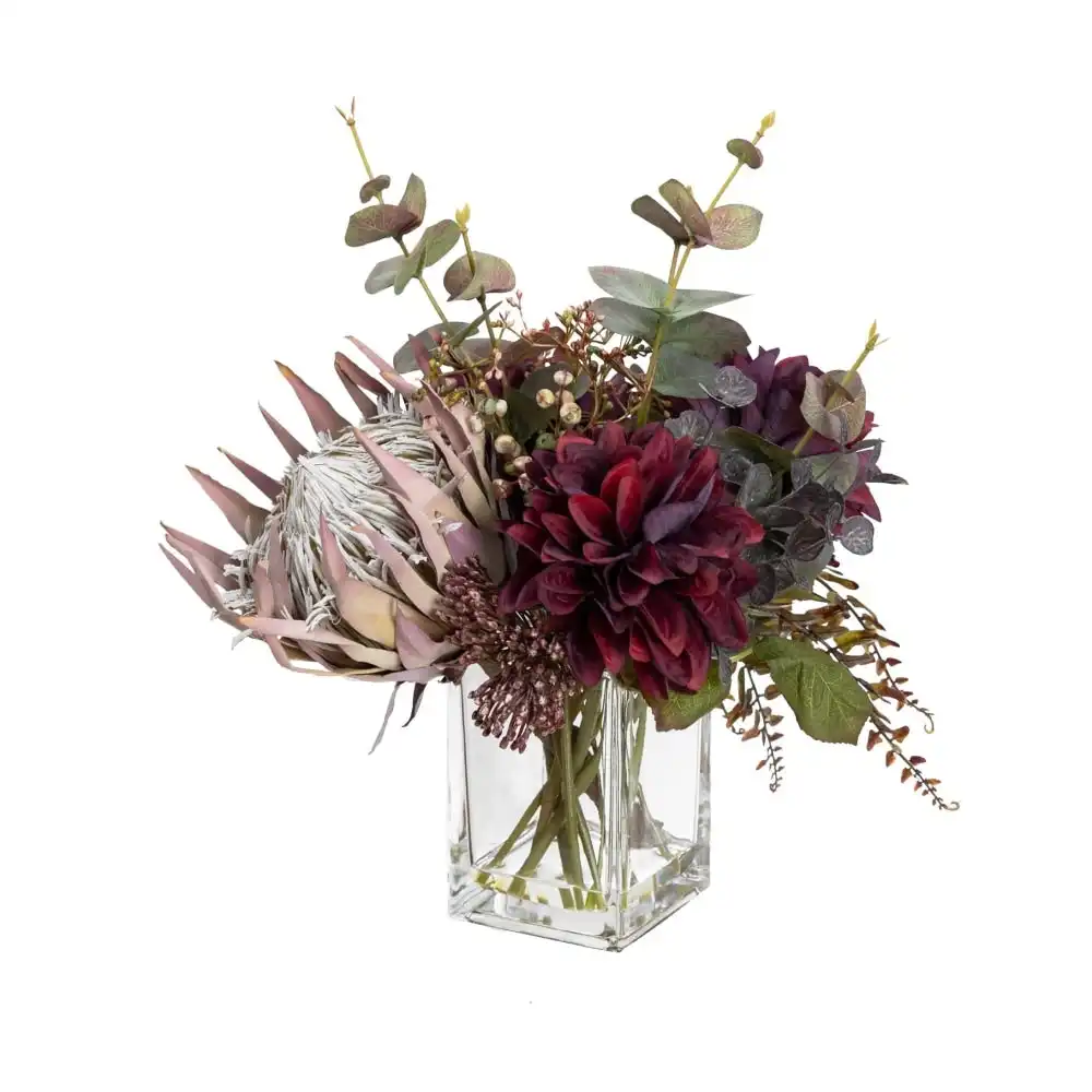 Glamorous Fusion Wine Dahlia & Protea Mixed  Artificial Fake Plant Decorative Arrangement 39cm In Glass