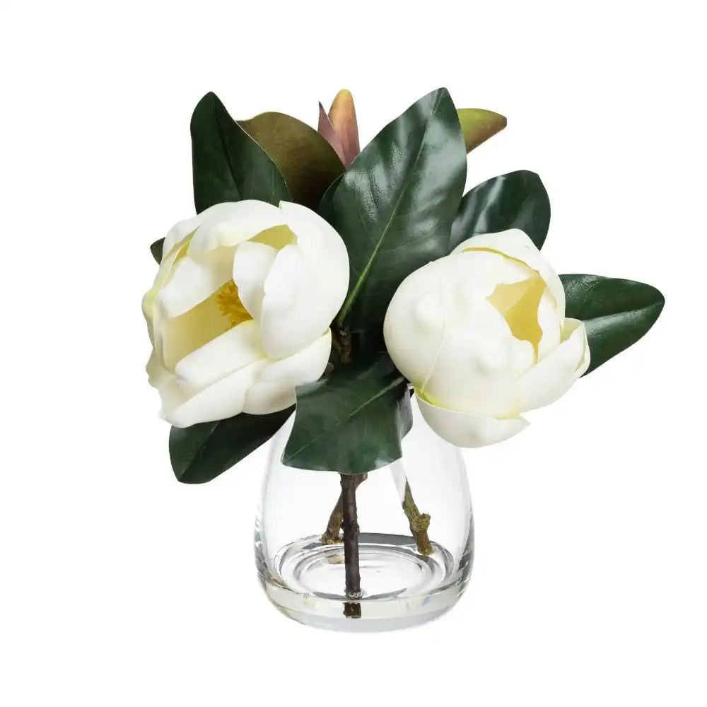 Glamorous Fusion Magnolia Artificial Fake Plant Decorative Arrangement 32cm In Glass
